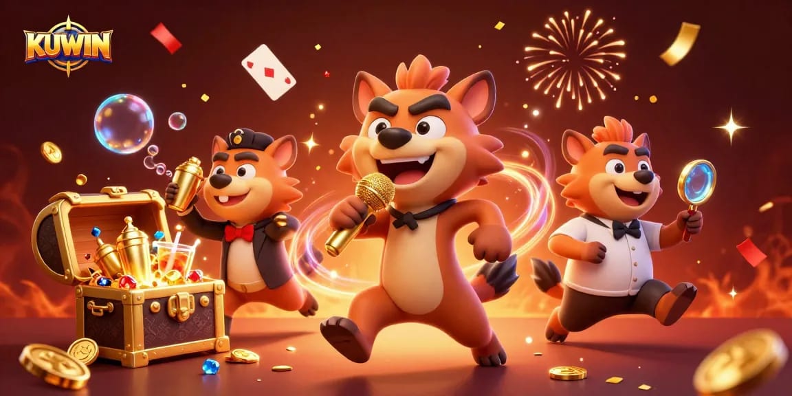 KUWIN's vibrant casino scene showcasing hyenas in a comedy club, ready to entertain gamblers.