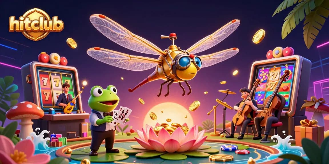 Experience hitclub's vibrant online gaming with an energetic dragonfly pilot, frog dealer, and slot games overflowing with gold coins.