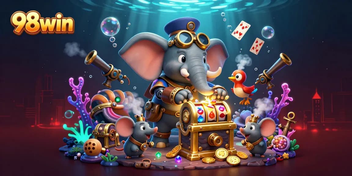 Spin the reels at 98win with a vibrant casino scene featuring an elephant engineer and dynamic elements.