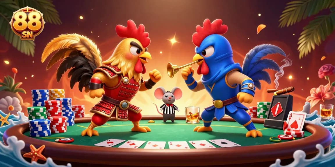 Experience thrilling gameplay at 88 SN with epic rooster duels and vibrant poker elements.