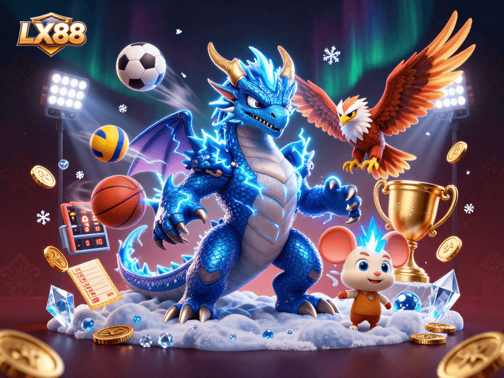 Bet on LX88 with exciting fantasy characters in a dynamic casino scene filled with sports elements.