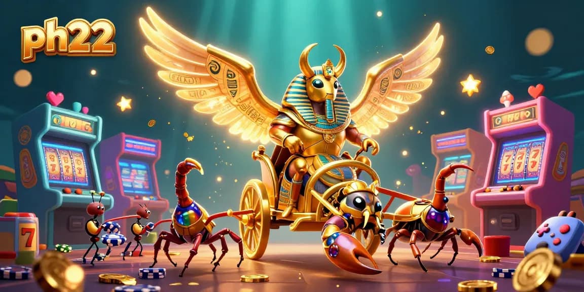 Experience thrilling gameplay at ph22, featuring a dazzling scene with a golden scarab beetle chariot and vibrant gaming elements