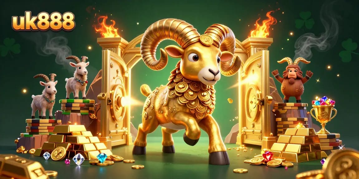 Experience exciting wins with uk888, featuring a golden ram and wealth elements in a vibrant casino scene.