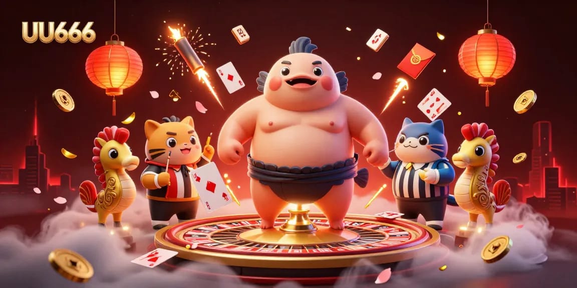 UU666 showcases an energetic underwater casino scene with colorful fugu, catfish referee, and vibrant game elements.