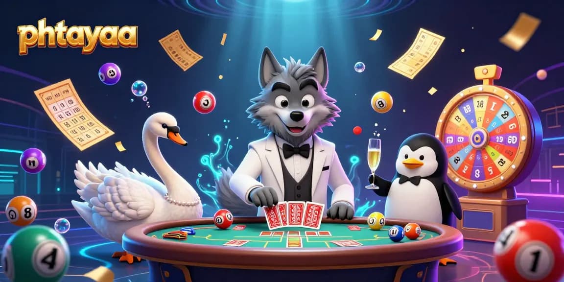 Phtayaa evokes excitement with a cartoon wolf at a baccarat table surrounded by lottery elements and vibrant characters.
