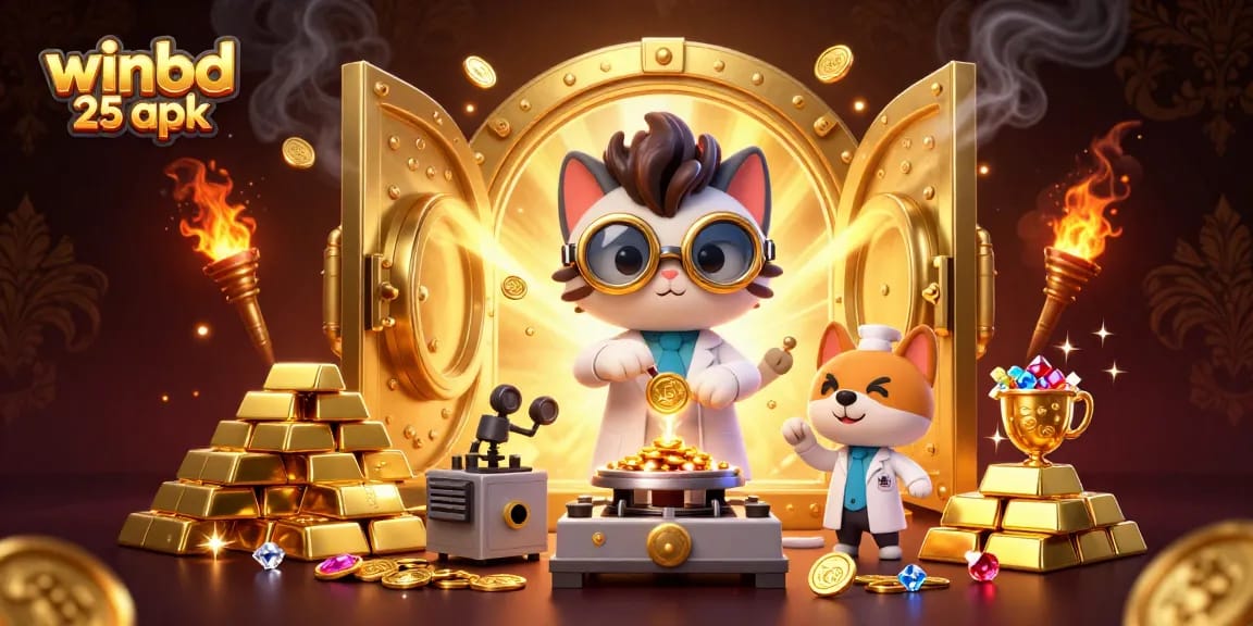 Engage with winbd 25 apk in this vibrant 3D illustration depicting a mad scientist cat and dog creating a gold-coin machine.