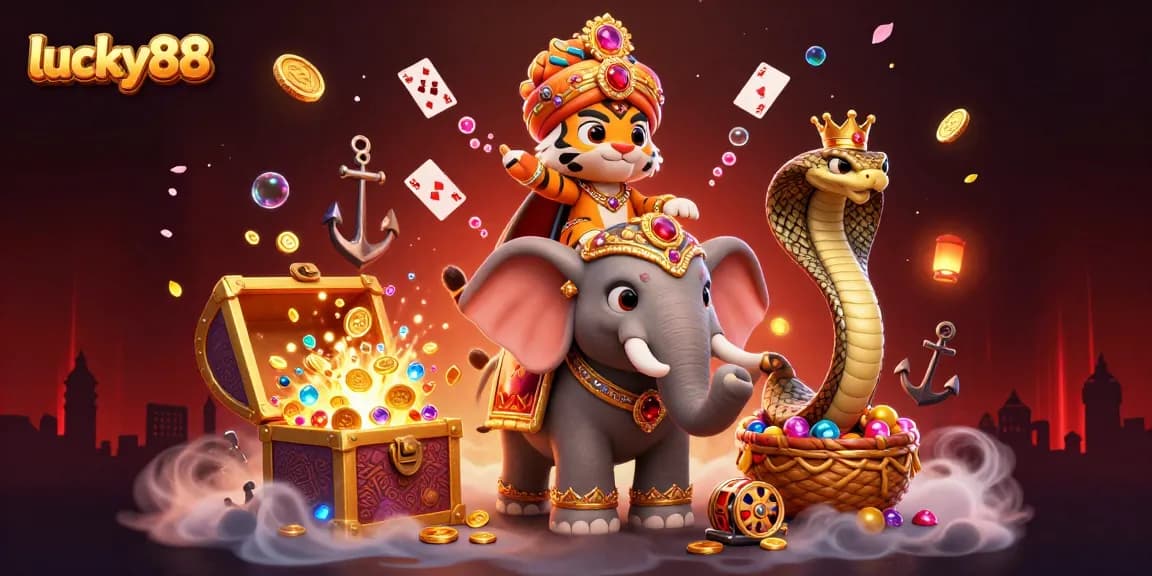 Engage with lucky88's thrilling gaming experience through an animated illustration showcasing vibrant casino elements.