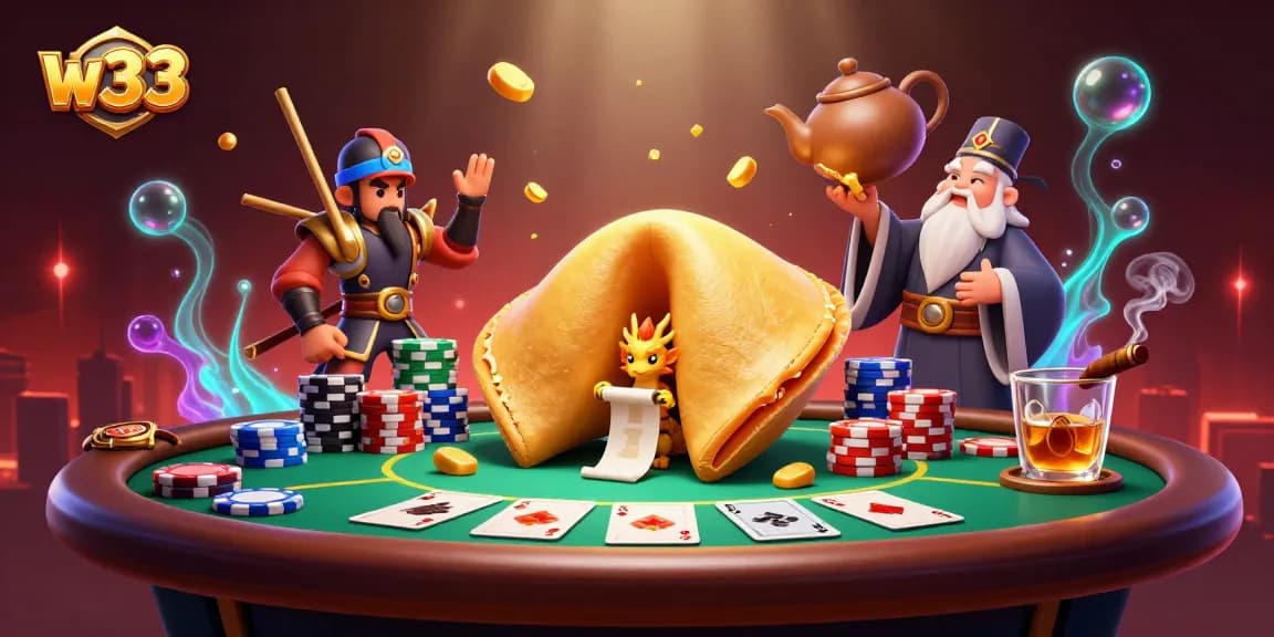 W33 players engaging in intense poker action with golden fortune cookie and whimsical dragon.