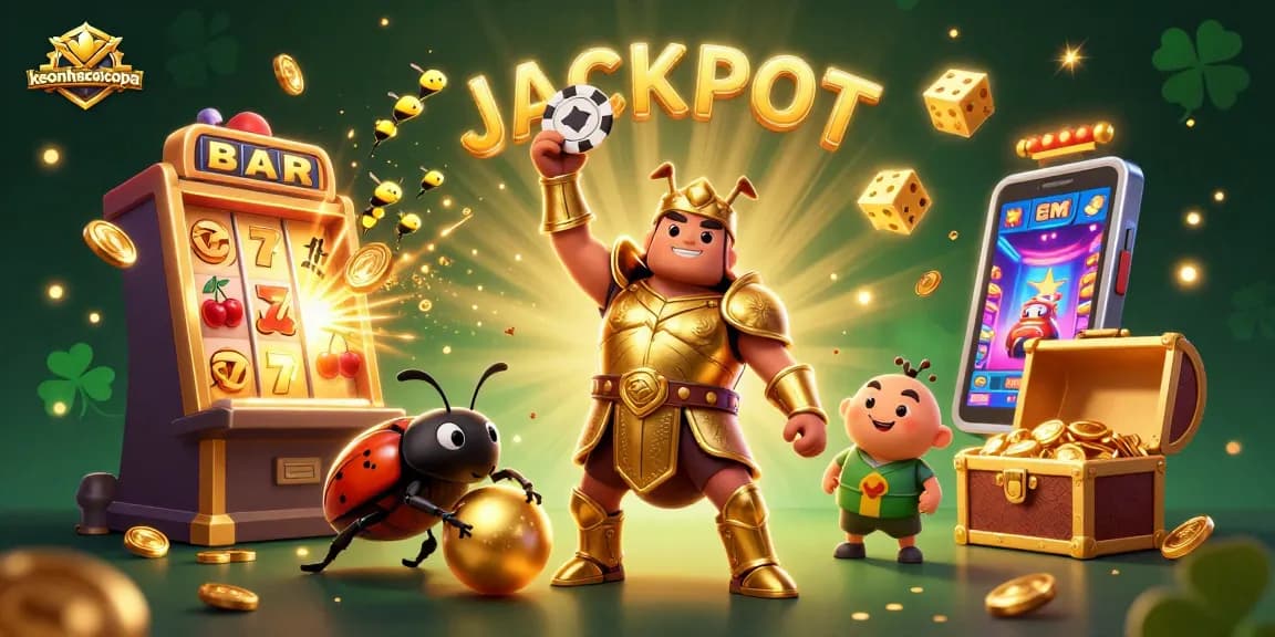 Spin to win with keonhacaicopa, featuring cartoon beetles in a vibrant casino scene.