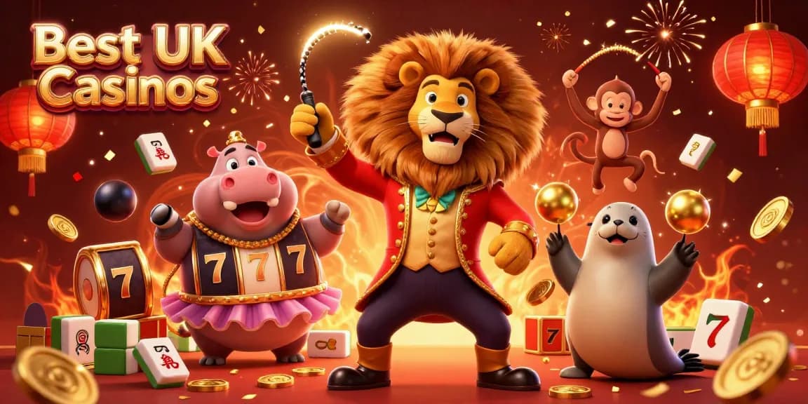 Experience the excitement of Best Non UK Casinos with our vibrant 3D circus-themed illustration showcasing fun characters and rich casino elements.