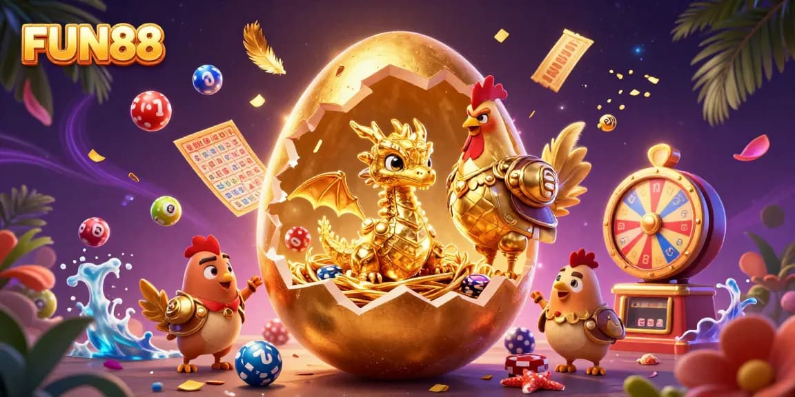 FUN88 brings a colorful, vibrant casino scene with a golden dragon and dynamic gaming elements.