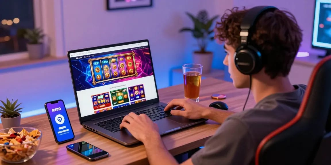 Engaging gaming scene with a player making a depo pulsa 10k tanpa potongan deposit, vibrant atmosphere showcasing an exciting online slot experience.