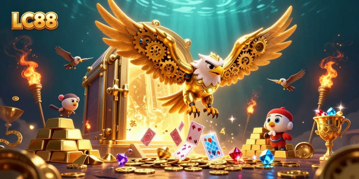 Engage with thrilling games at LC88, showcasing a stunning 3D eagle soaring through vibrant casino elements.