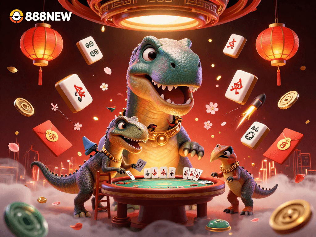Experience thrilling casino action with 888NEW's vibrant 3D illustration featuring a brontosaurus at a poker table.