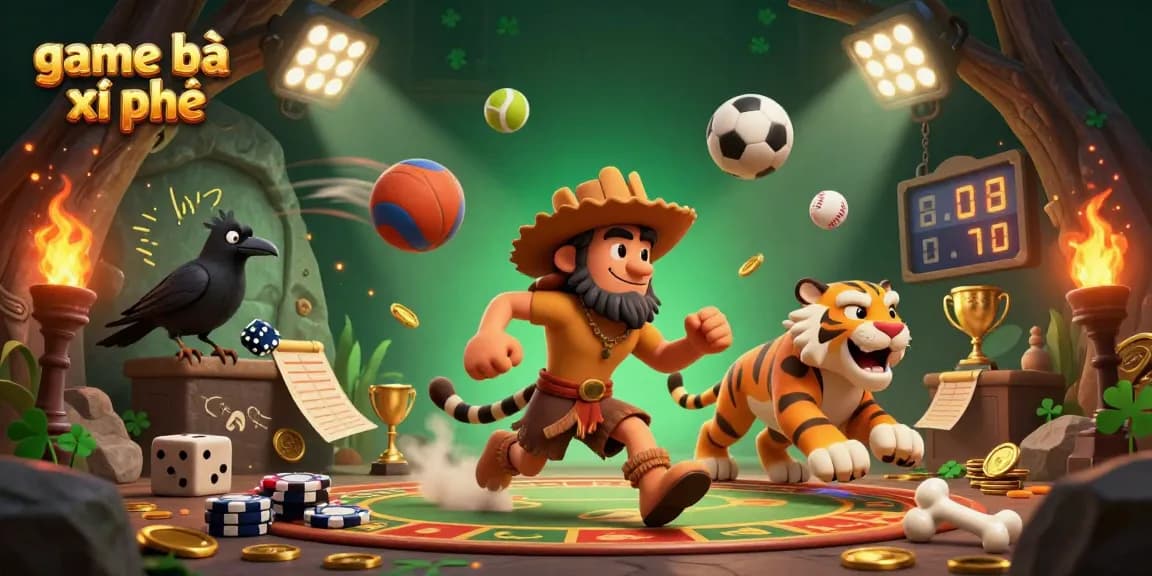 Experience thrilling action in game bài xì phé with a vibrant 3D casino illustration featuring dynamic sports balls and fun characters.