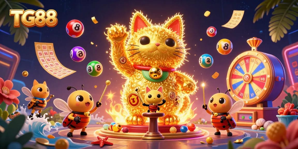 Play exciting games at TG88 with vibrant symbols, colorful balls, and a lucky cat symbolizing fortune.