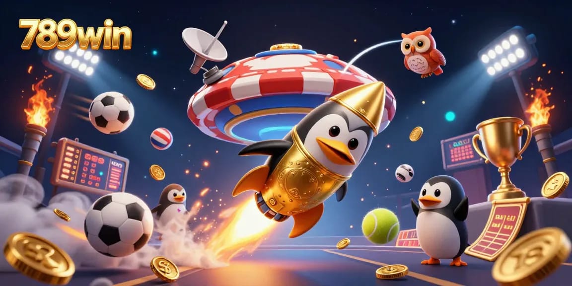 Experience excitement in 789win as a golden penguin races towards a casino space station.