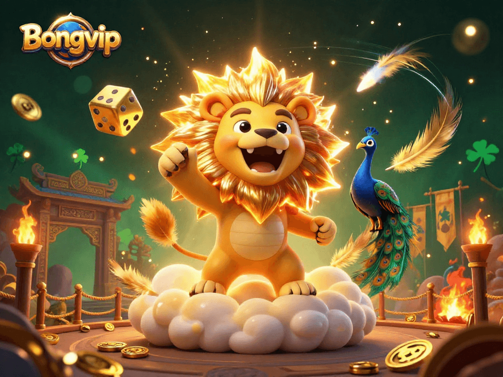 Bongvip players engaging in a vibrant casino scene with roaring lion and golden dice amid thrilling betting activities