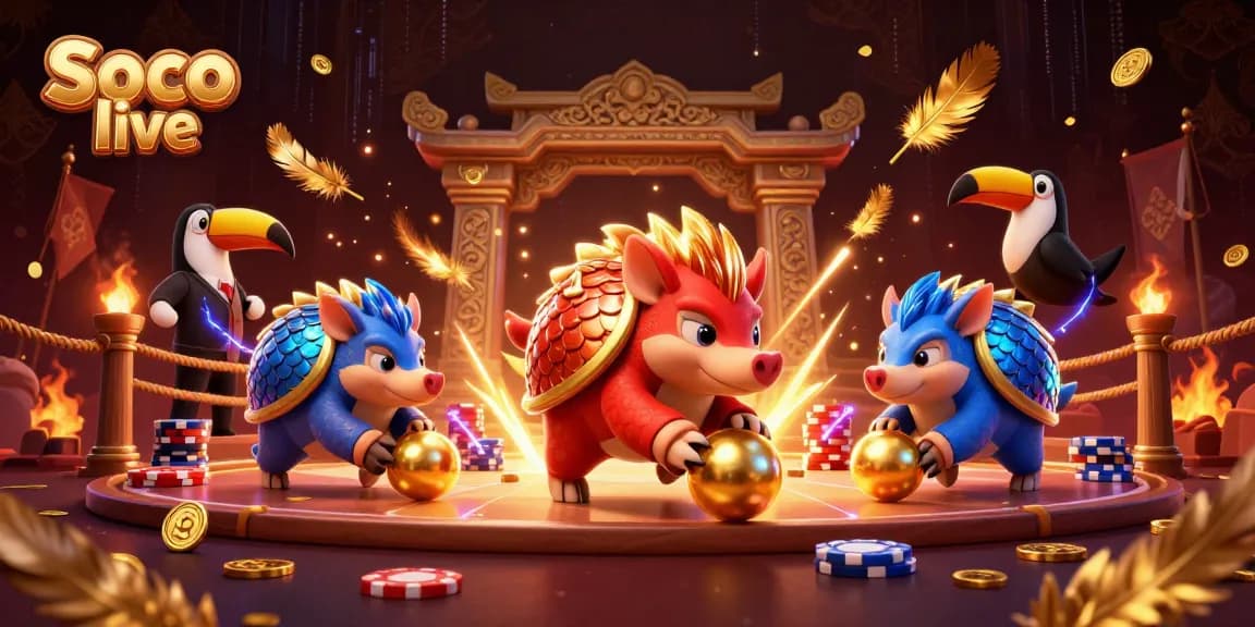 Engage in thrilling action with Soco live as rival pangolins roll into golden balls, surrounded by vibrant casino elements.