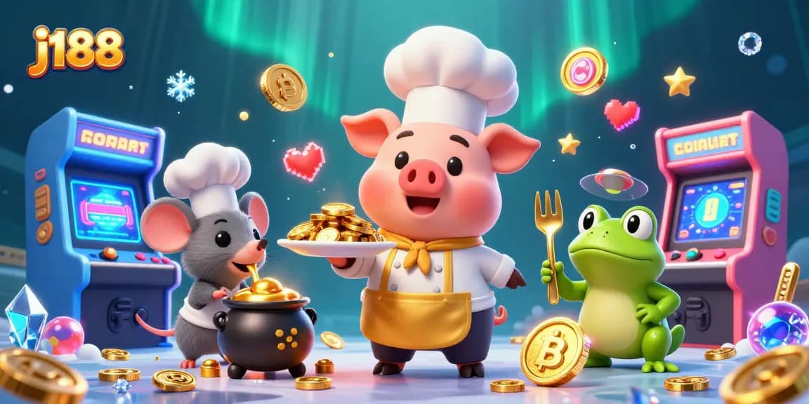 Experience the excitement of j188 with gold coin platters, animated chefs, and vibrant casino elements.