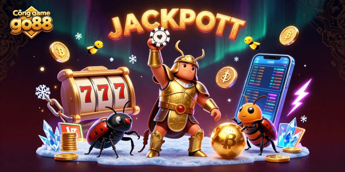 Win big with Cổng game go88 featuring an armored beetle celebrating a jackpot alongside cryptocurrency elements.