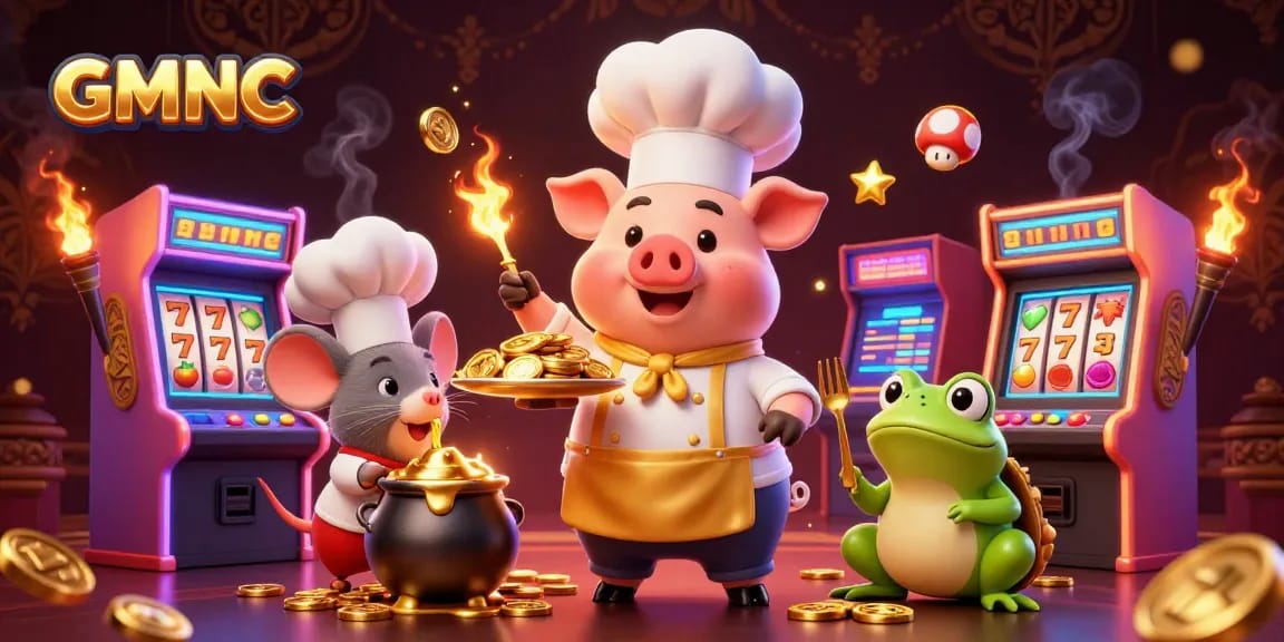 Experience the excitement of GMNC with a vibrant 3D casino scene featuring a chef pig serving gold coins.