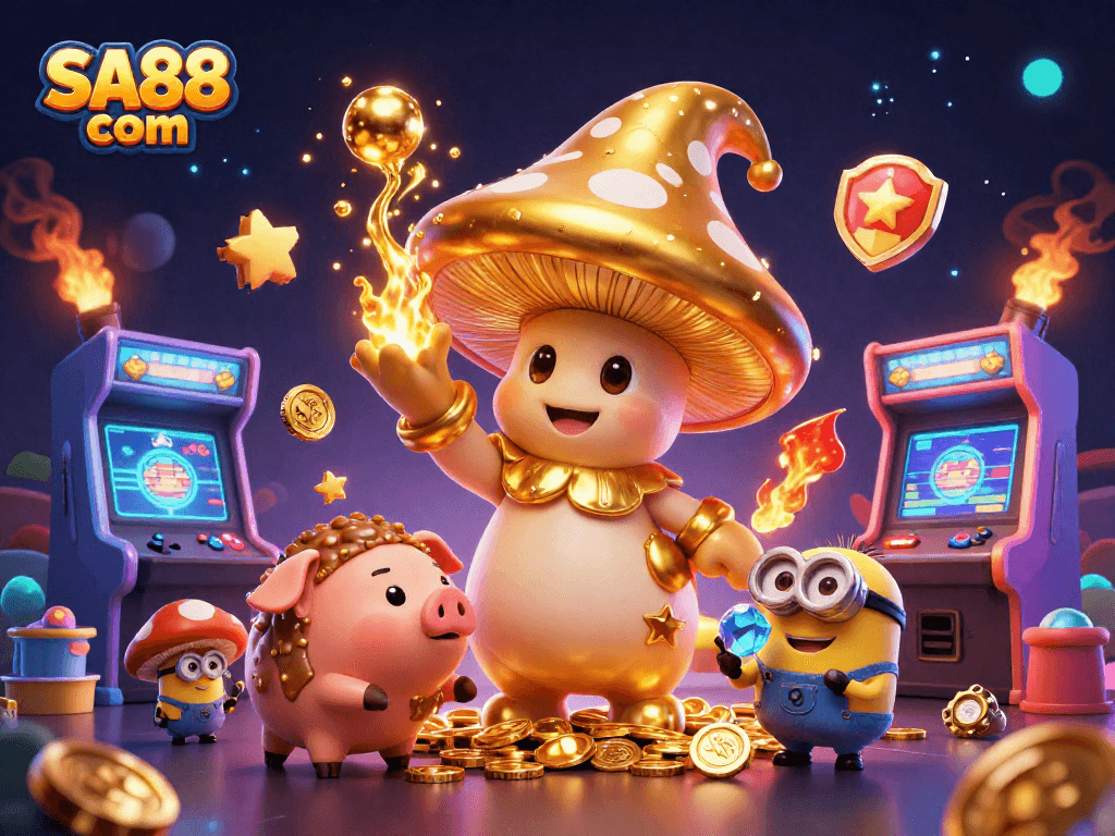 Experience the magic of SA88 com with a golden mushroom wizard and treasure in the casino