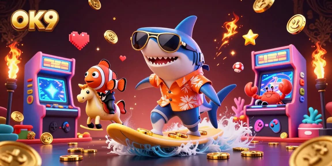 Experience fun at OK9 with a shark surfing coins, showcasing casino-themed excitement.