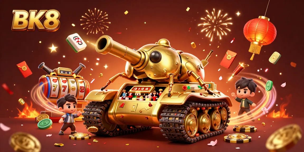 Experience thrilling slots at BK8 with a vibrant and dynamic illustration of a golden beetle tank casino.