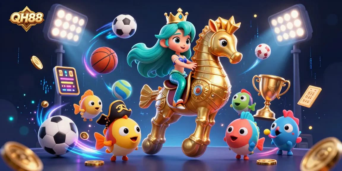 Experience thrilling gaming action at QH88 with vibrant scenes featuring a mermaid and sports elements.