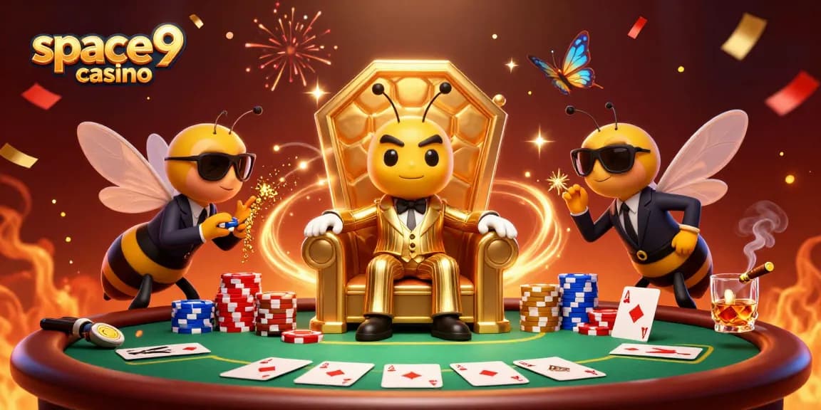 Win big at space9 casino with an engaging poker scene featuring a cartoon bumblebee mob boss.