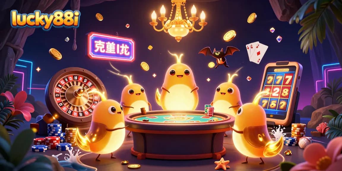 Experience the excitement at lucky88i with glowing creatures lighting a casino scene filled with action.