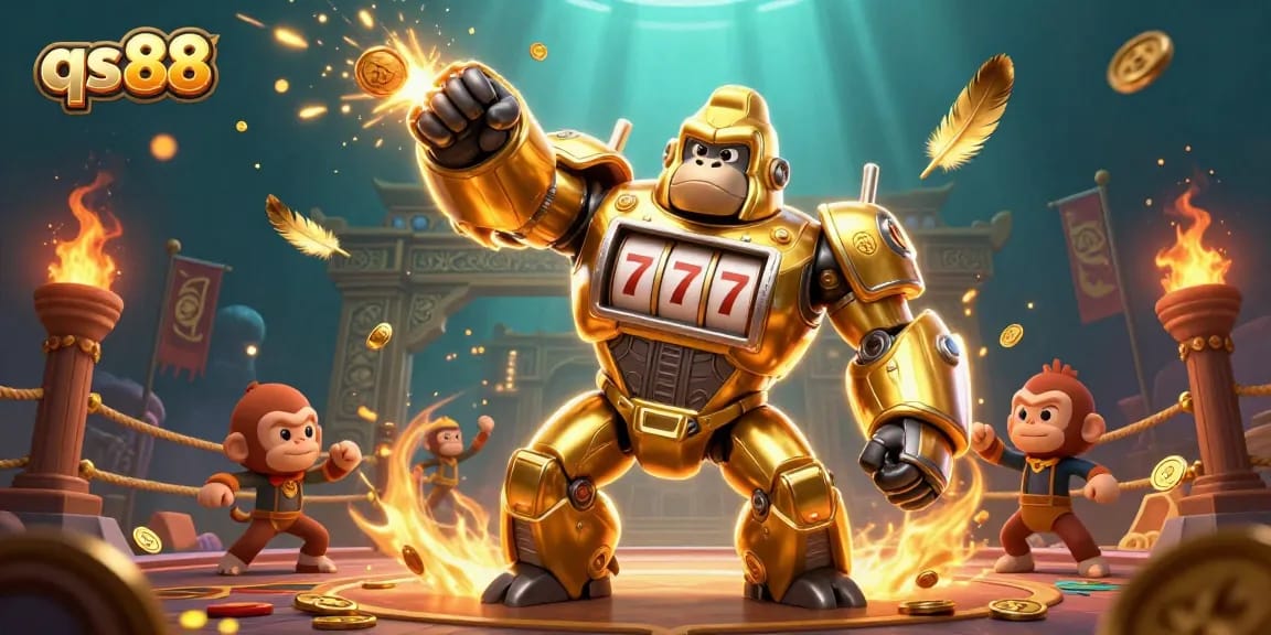 Experience thrilling gameplay at qs88 with a dynamic scene featuring a golden gorilla mech and explosive action.