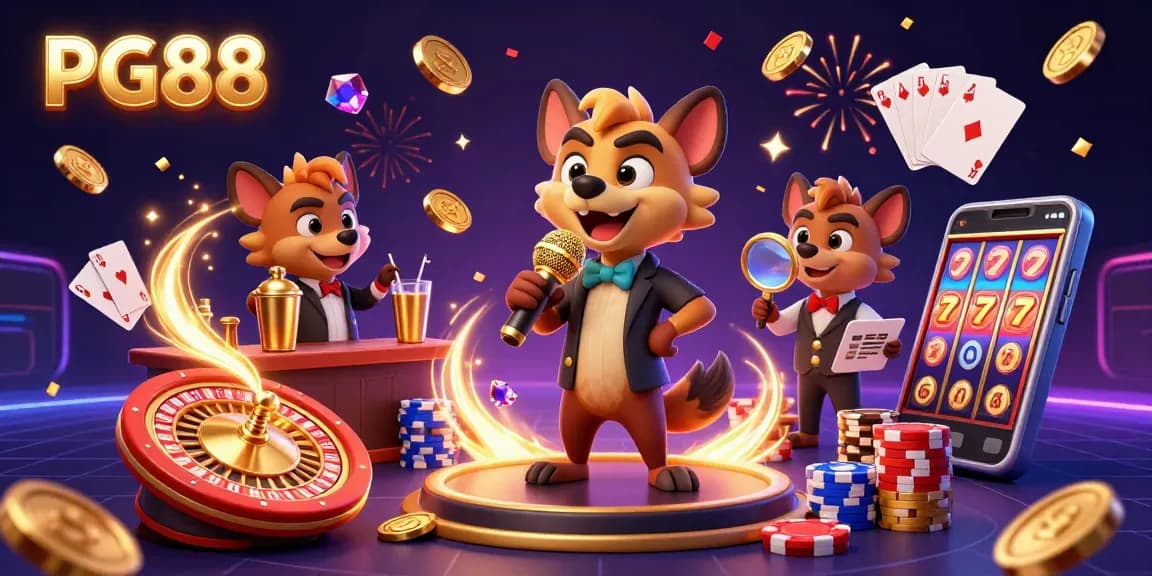 Experience the vibrant PG88 online casino with hyenas engaging in casino fun, featuring a comedian, bartender, and bouncer.