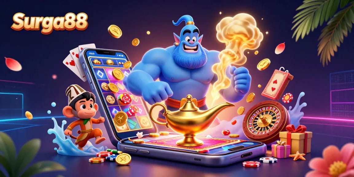 Experience the thrill of Surga88 with dynamic casino visuals, showcasing a genie and poker chips.