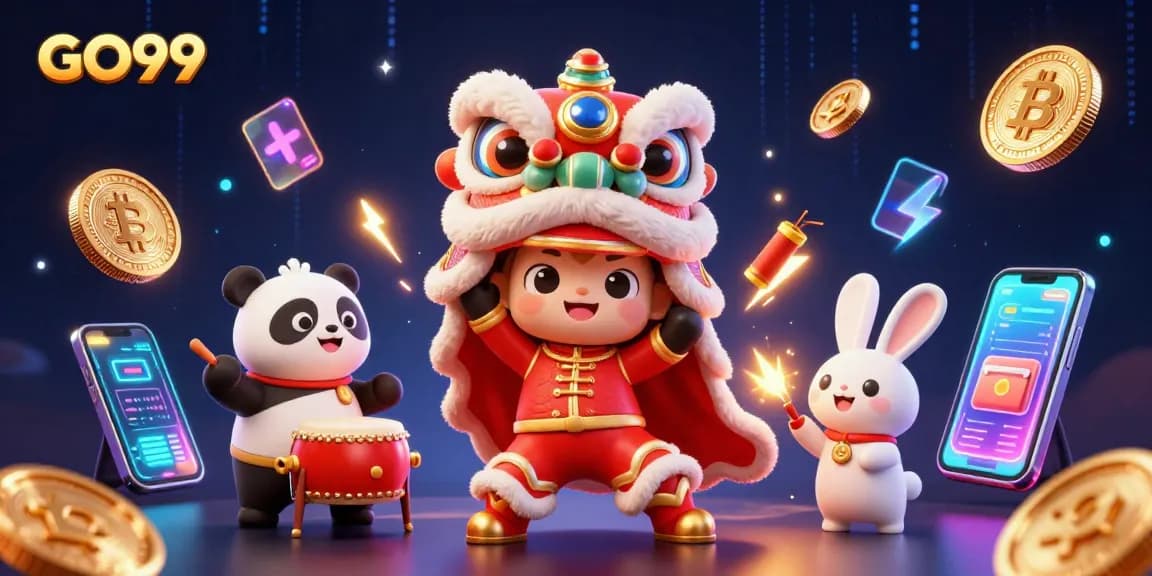 Engage with GO99 in this vibrant 3D illustration showcasing casino energy with lion dancers and crypto elements.