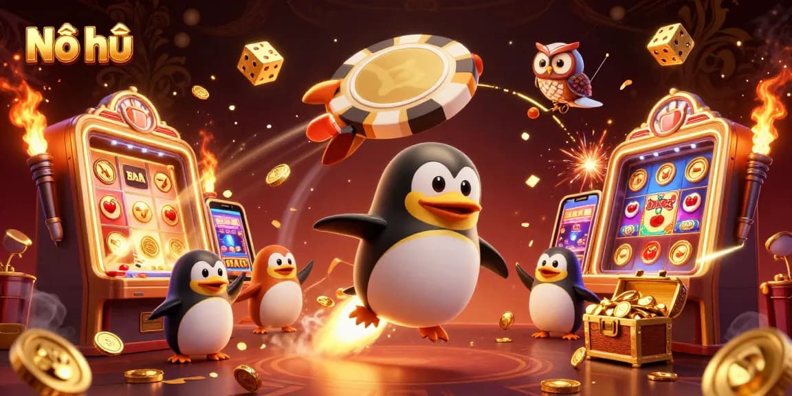Nổ hũ: Experience a dynamic casino realm with a golden penguin and jackpot explosions.