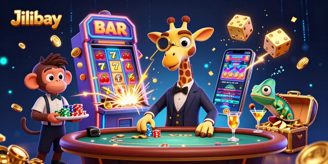 Experience exciting gaming at Jilibay with rich visuals of playful characters interacting in a vibrant casino setting.