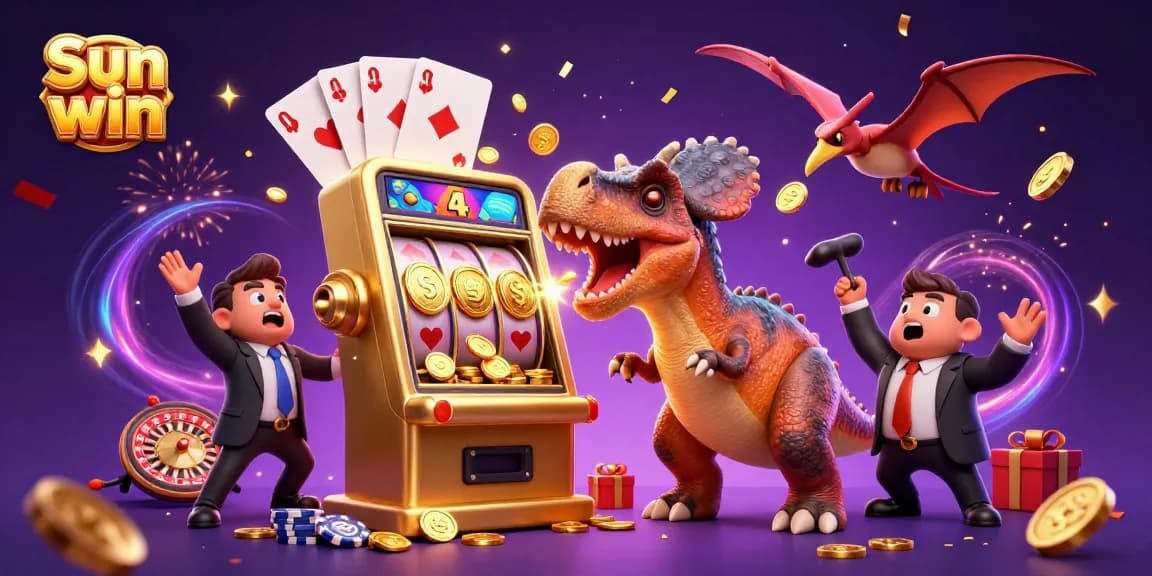 Sun win jackpot scene with characters celebrating coins raining down from a slot machine.