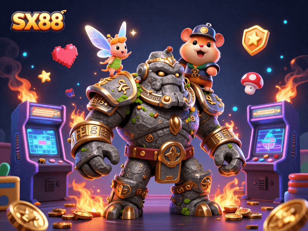 Experience excitement at SX88 with a lively golem guardian and magical gaming elements.