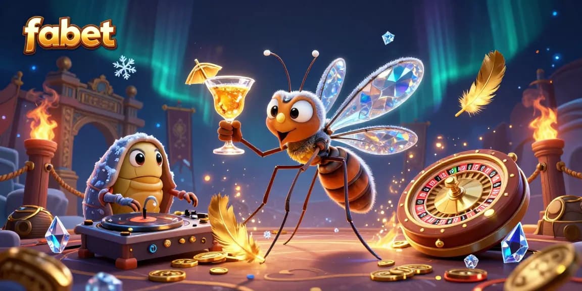 Experience thrilling gambling action with Fabet, featuring animated casino mascots and vibrant game elements.
