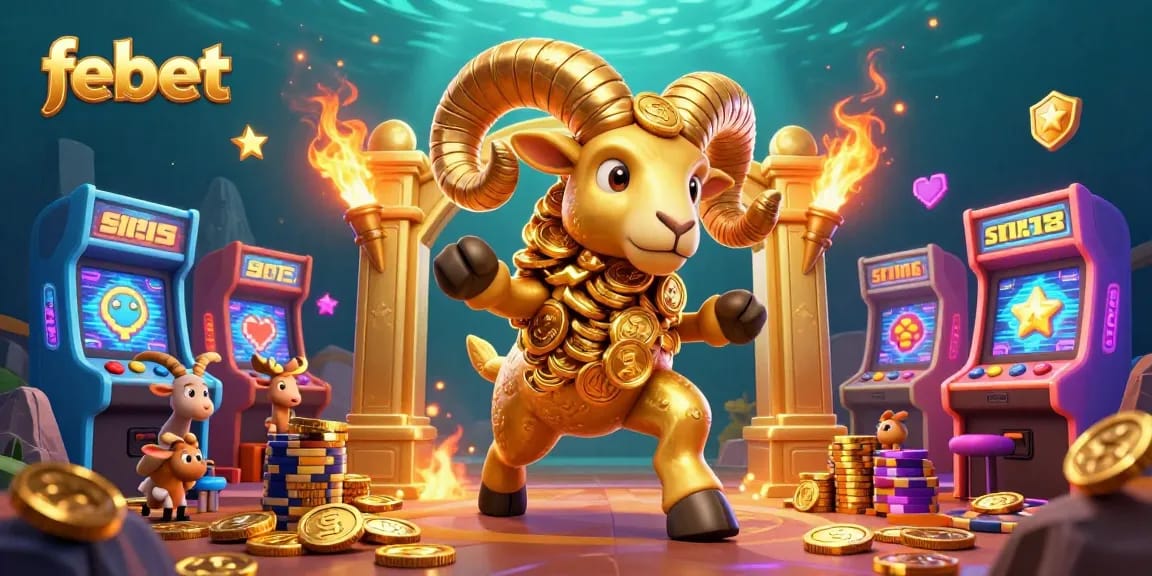 Experience the vibrant febet casino atmosphere with a golden ram charging through a gaming wonderland.
