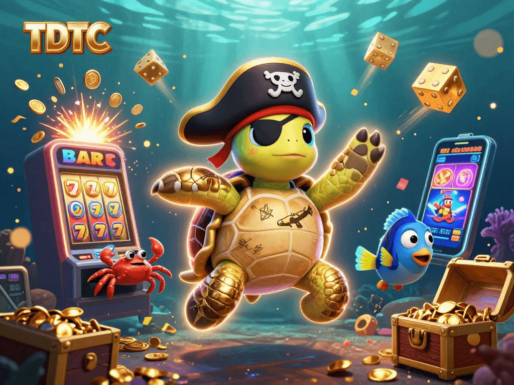 Engage with TDTC's thrilling 3D casino scene featuring a pirate turtle, a golden hermit crab, and explosive slot machine action.