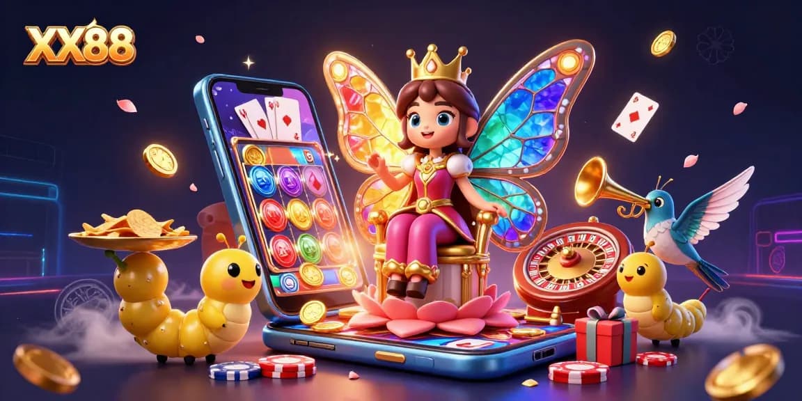 Experience XX88's vibrant casino world with a butterfly queen, casino games, and golden chips in 3D.