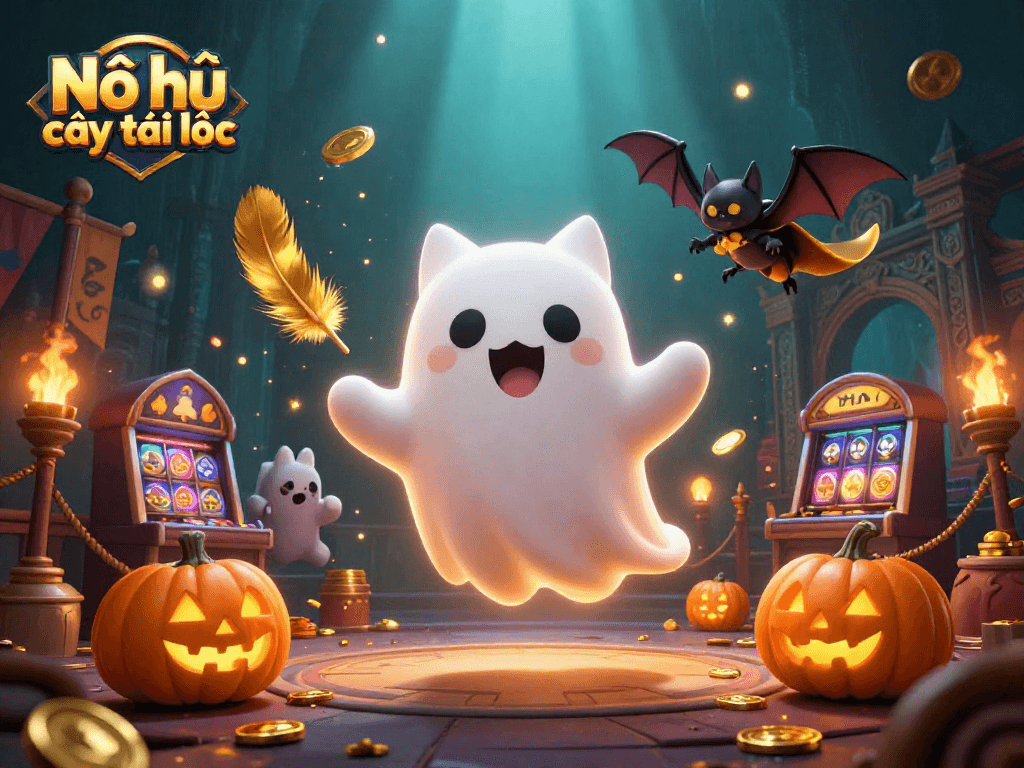 Nổ hũ cây tài lộc lively scene depicting ghost cat and vampire bat in a rich casino backdrop, showcasing dynamic slot elements.