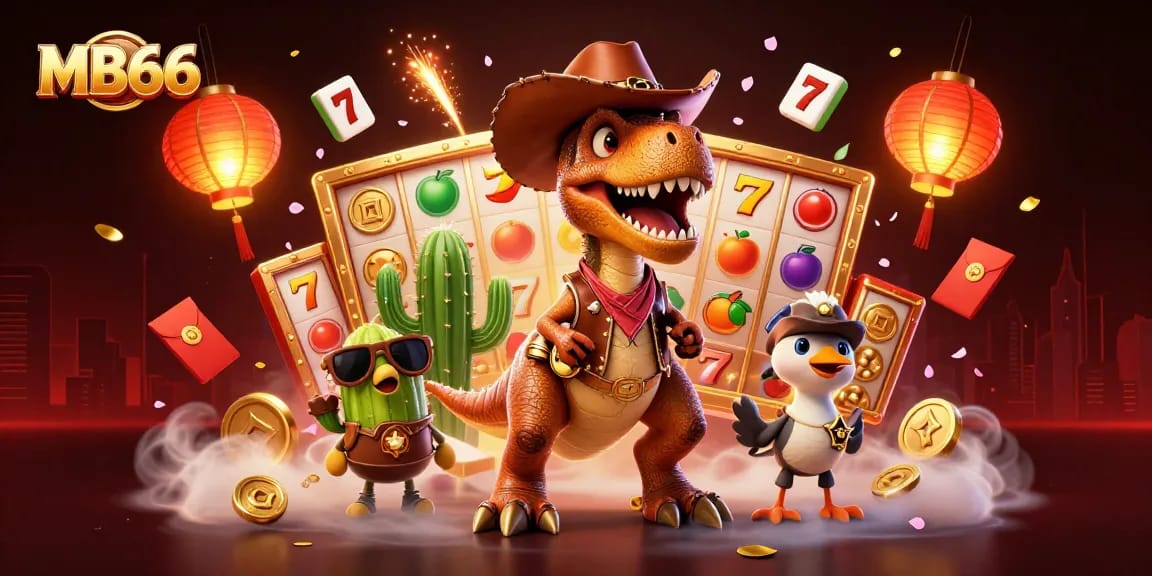 Experience the excitement at MB66 casino with a vibrant 3D illustration featuring dynamic characters and slot games.