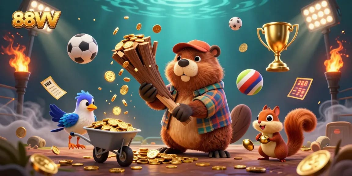 Win big with 88VV as beaver collects golden coins in a rich casino scene.