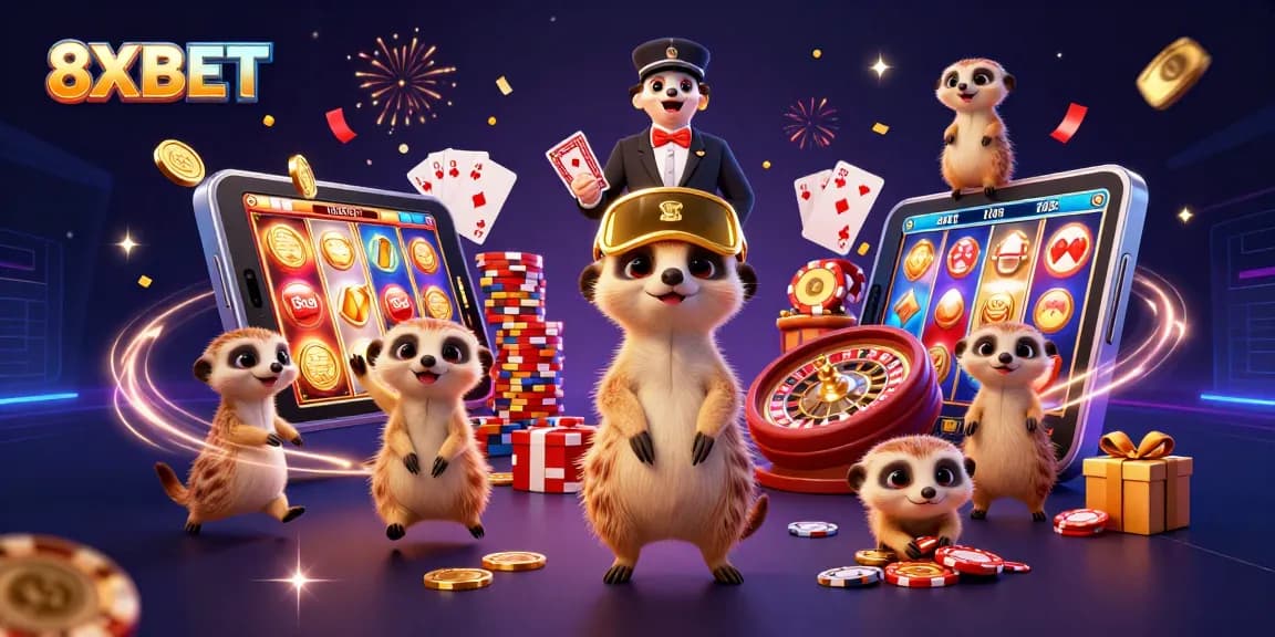 8XBET showcases a lively casino scene with meerkats running the operation and dynamic gaming elements.
