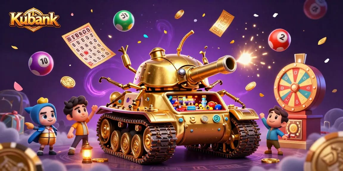 Kubank captivates with a vibrant casino scene in a golden beetle tank surrounded by dynamic lottery elements.