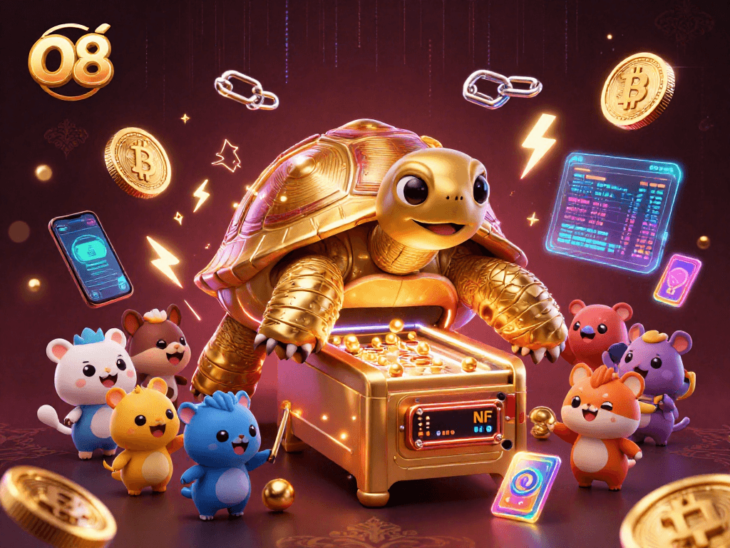 Experience the exciting world of o8 with a vibrant 3D golden tortoise pinball machine and crypto elements.
